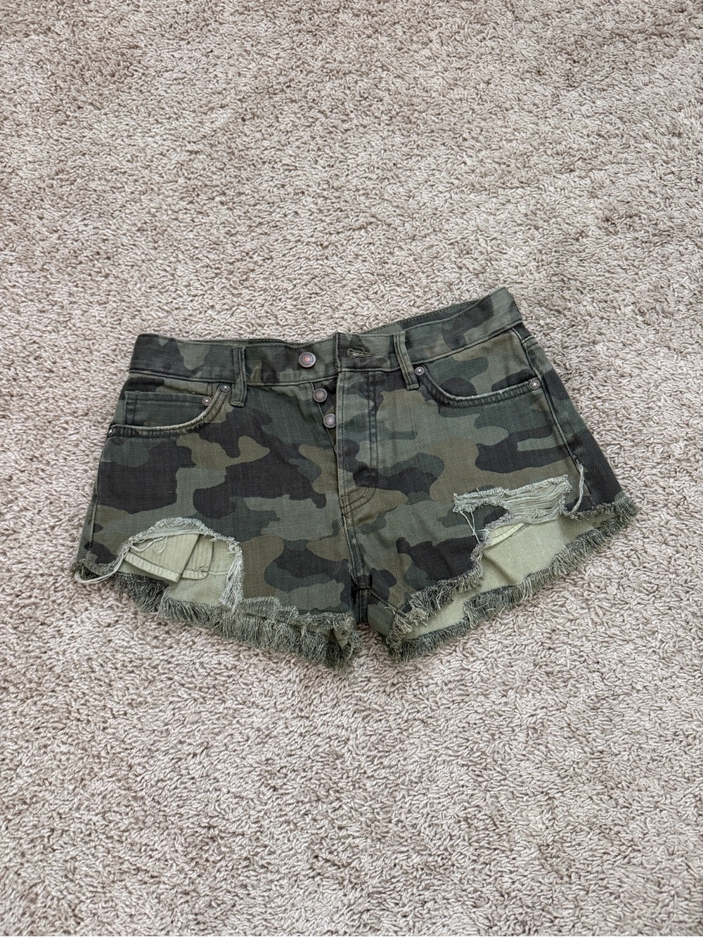 We The Free Camo Frayed Hem Jean Shorts - Olive Green
